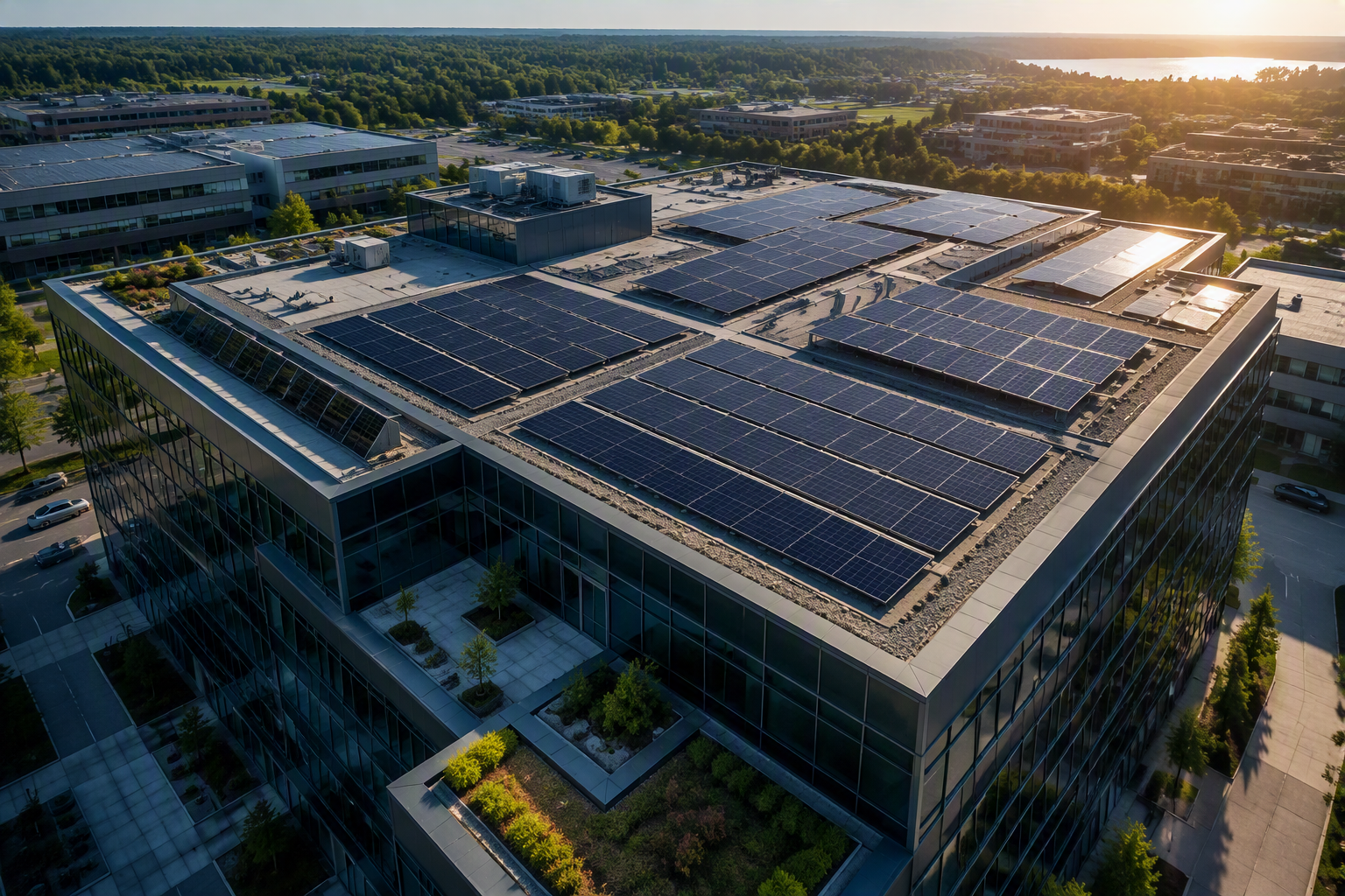 Illustration d’une grande toiture équipée de panneaux solaires